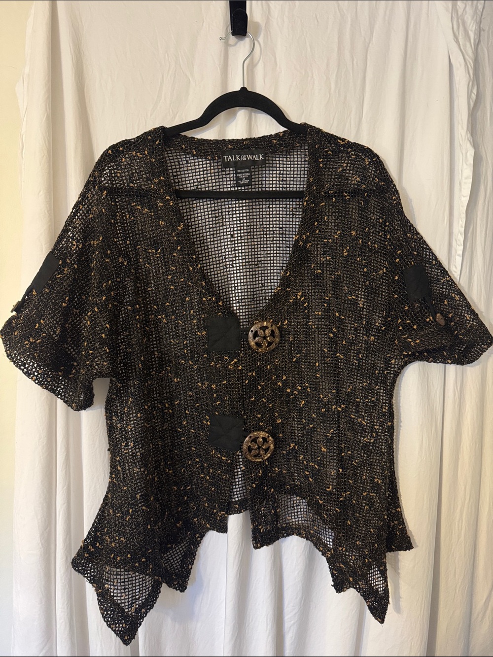 TALK OF THE WALK Black with Tan Thread Size Med, Open-Weave Cardigan Artsy! 🌺
